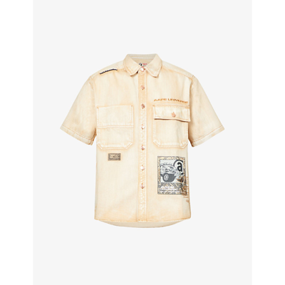 Aape Logo-embroidered Short-sleeve Oversized Fit Cotton-twill Shirt In Off White