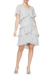 Sl Fashions Embellished V-neck Short Sleeve Shimmer Bodre Tier Cocktail Dress In Sil