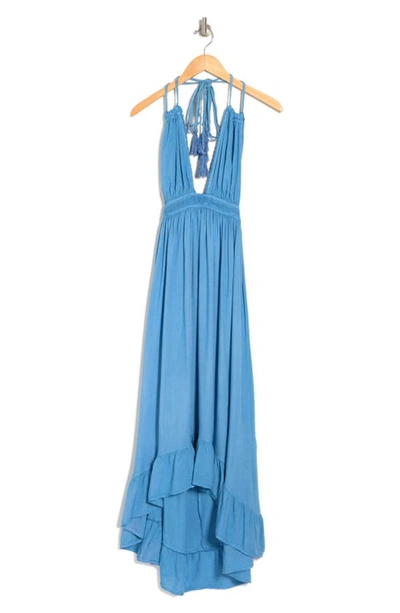 Boho Me Open Back Plunge Neck Ombre Halter Dress In Medit Blue