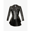 ALEXANDER MCQUEEN ALEXANDER MCQUEEN WOMEN'S BLACK FROCK-DETAIL PEPLUM LEATHER BIKER JACKET,57375572