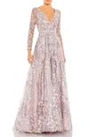 Mac Duggal Embellished Wrap Over Illusion Long Sleeve A-line Dress In Lilac