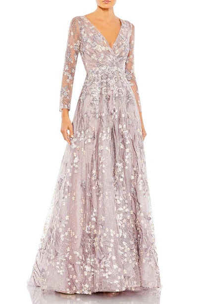 Mac Duggal Semi-sheer Floral-embroidered Gown In Lilac