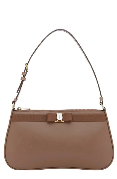 Ferragamo Vara Bow Leather Baguette Shoulder Bag In Brown
