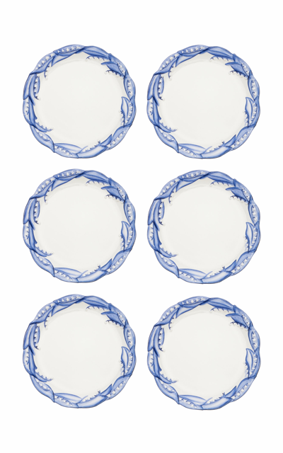 Moda Domus Set-of-six Lily Of The Valley Ceramic Dinner Plates In Green,blue