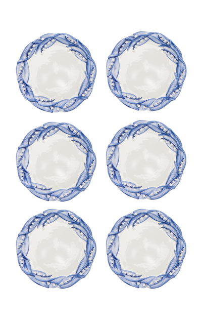 Moda Domus Set-of-six Lily Of The Valley Ceramic Salad Plates In Green,blue