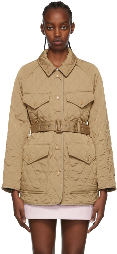 Burberry Kemble Belted Quilted Field Logo Jacket In Beige