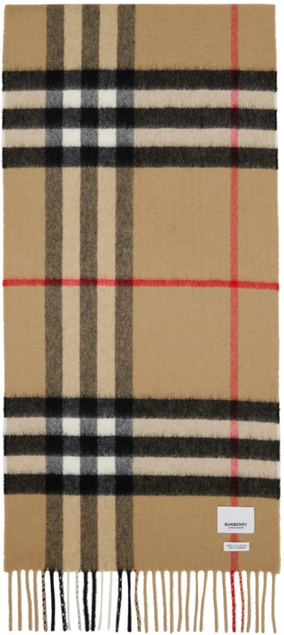 Burberry Giant Check Fringed Cashmere Scarf In Beige