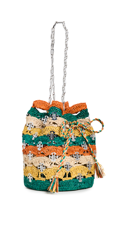 Rabanne Multicoloured Chain Mail Raffia Bucket Bag In Green