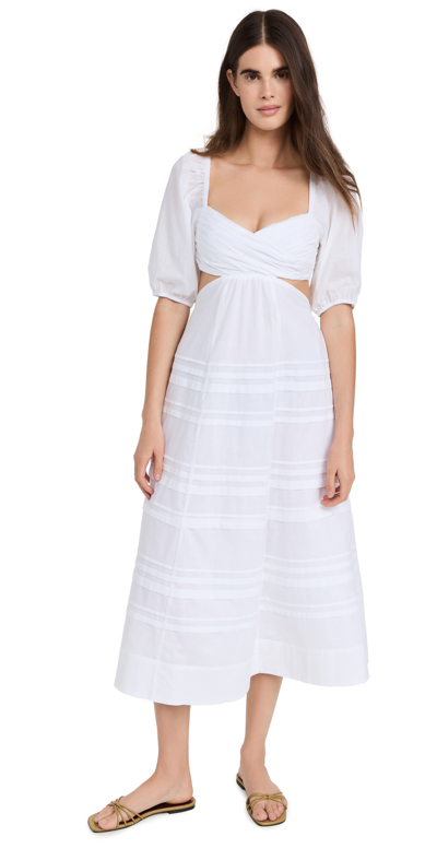 Staud Carina Puff Sleeve Cut-out Midi Dress In White