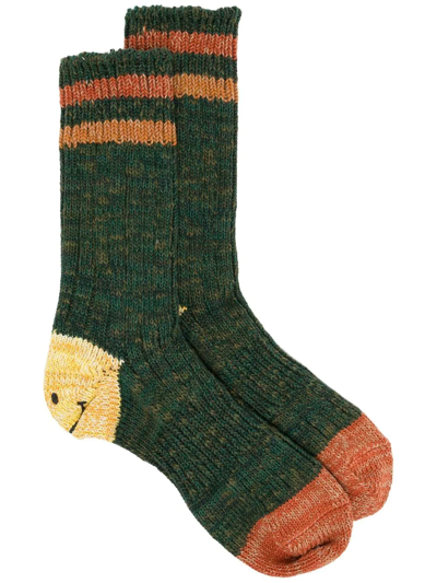 Kapital Colour-block Smiley Socks In Green