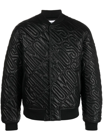 Moschino Leather Monogram Bomber Jacket In Black