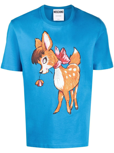 Moschino Deer-print Organic-cotton T-shirt In Blue