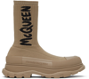 Alexander Mcqueen Men's Logo Graffiti Knit Tread Slick Boots In Khaki Multi