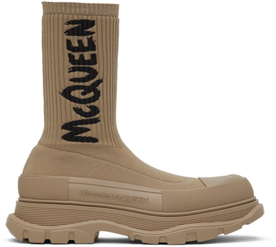 Alexander Mcqueen Men's Logo Graffiti Knit Tread Slick Boots In Nero Nature