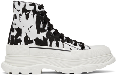 Alexander Mcqueen Black & White Graffiti Tread Slick Sneakers In 9356 Wh/of.wh/blk/wh