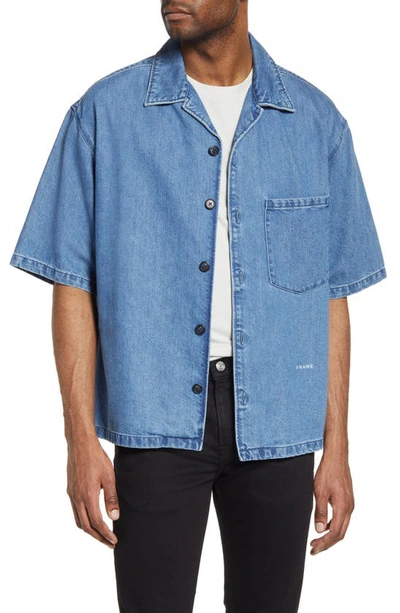Frame Cotton Blend Denim Regular Fit Short Sleeve Shirt In Blue Jean