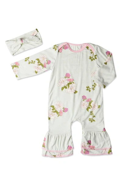 Everly Grey Baby Grey By  Ruffle Romper & Head Wrap Set In Peony