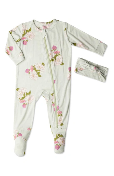 Everly Grey Baby Grey By  Print Footie & Headband Set In Peony