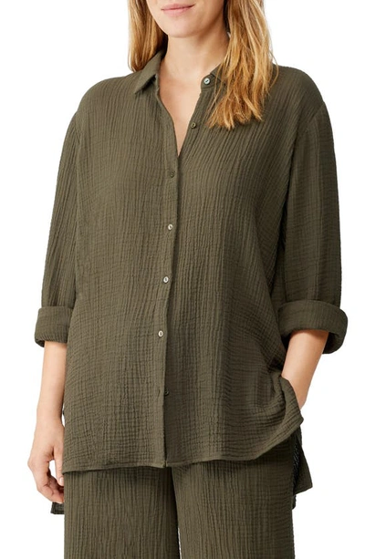 Eileen Fisher Easy Classic Organic Cotton Button-up Shirt In Olive