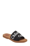 Chloé Woody Flat Logo Ribbon Slide Sandals In Black
