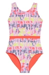 Zella Girl Kids' Reversible Journey One-piece Swimsuit In Pink Lavender Jemma Print