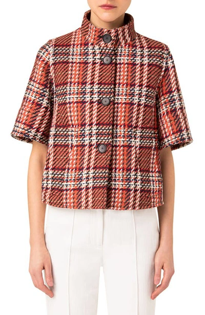 Akris Punto Check Tweed Short-sleeve A-line Crop Jacket In Multicolor Orange