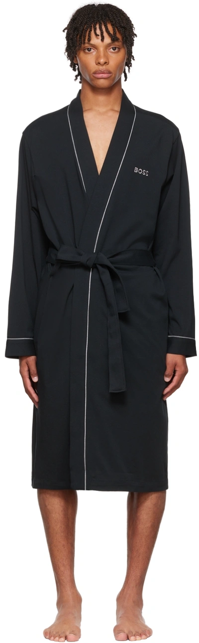 Hugo Boss Logo-embroidered Cotton Dressing Gown In Black