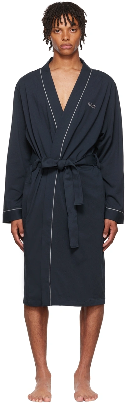 Hugo Boss Embroidered-logo Lounge Robe In 403 Dark Blue