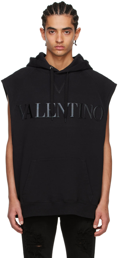 Valentino Embossed Logo Black Sleeveless Hoodie