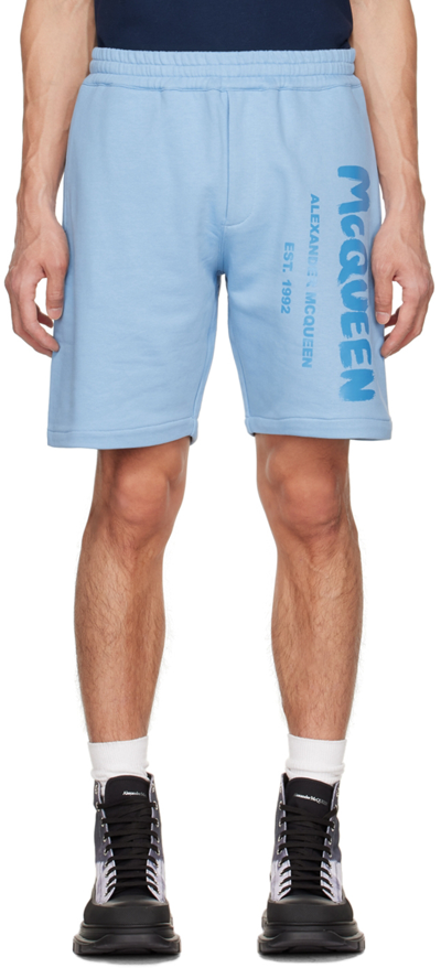 Alexander Mcqueen Bermuda Shorts With Graffiti Logo Print In Sky Blue