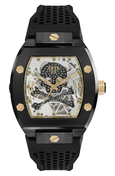 Philipp Plein Men's Automatic The $keleton Black & Gold-tone Tonneau Strap Watch 44mm In Ip Black