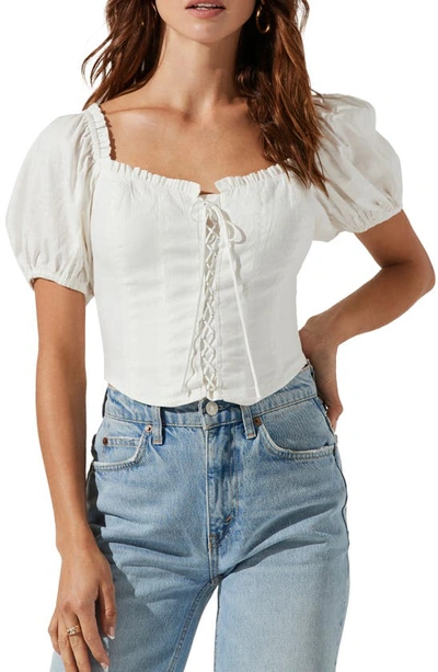 Astr Puff Sleeve Lace-up Recycled Cotton & Recycled Polyester Crop Top In White