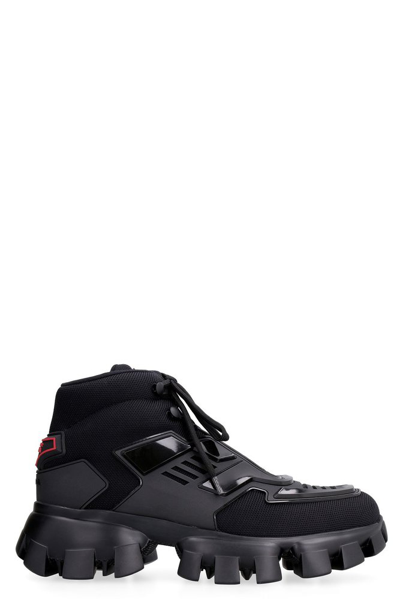 Prada Cloudbust Thunder Knit Fabric High-top Sneakers In Black