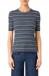 Akris Punto Stripe Short Sleeve Rib Virgin Merino Wool Sweater In Denim-cream-black