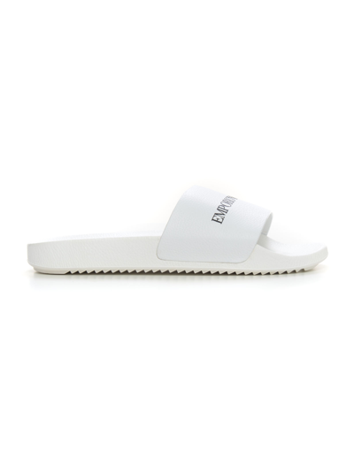 Emporio Armani Leather Logo Printed Slides in White for Men slides and flip flops Mens Shoes Sandals 