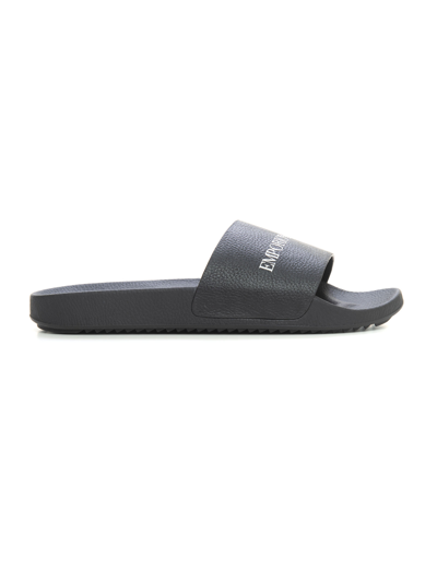 Emporio Armani Hammered Leather Sliders With Logo In Black