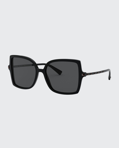 Valentino Garavani Square Acetate Sunglasses W/ Rockstud Arms In Nero/fumo