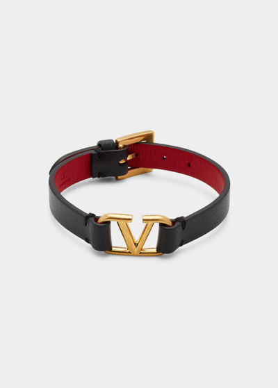 Valentino Garavani Antiqued Brass Logo Leather Bracelet In Blackred