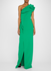 Rickie Freeman For Teri Jon One-shoulder Ruffled Crepe Gown In Kelly Grn