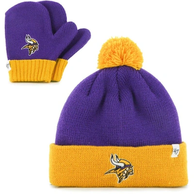 47 Babies' Infant ' Purple/gold Minnesota Vikings Bam Bam Cuffed Knit Hat With Pom And Mittens Set