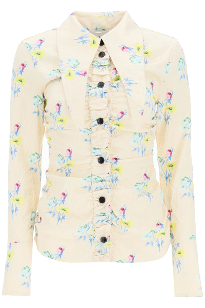 Ganni Floral-print Pointed-collar Recycled-polyester Stretch-satin Shirt In Yellow