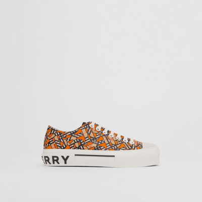 Burberry Monogram Print Linen Cotton Canvas Sneakers In Bright Orange