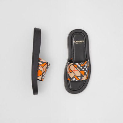 Burberry Monogram Print Linen Cotton Canvas Slides In Bright Orange