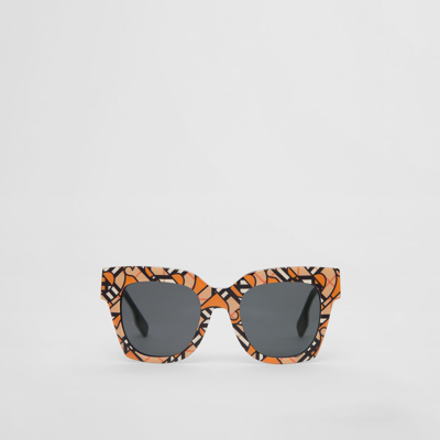 Burberry Monogram Print Square Frame Sunglasses In Orange/black