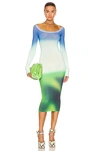 Off-white Off-the-shoulder Printed Stretch-knit Midi Dress In Green & Blue