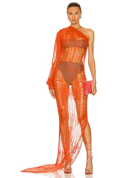 Rick Owens Spider Ziggy Asymmetric Knitted Maxi Dress In Orange
