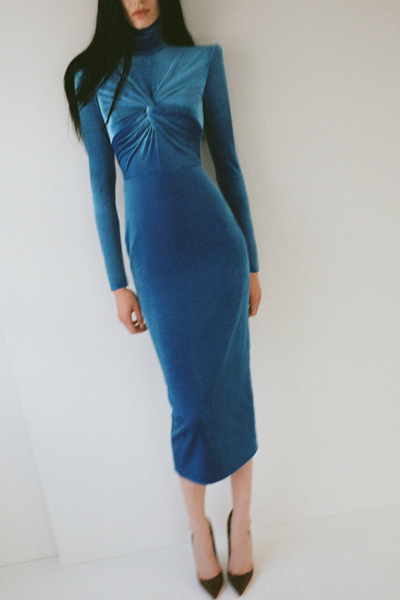 Alex Perry Preston Twisted Velvet Turtleneck Midi Dress In Blue | ModeSens