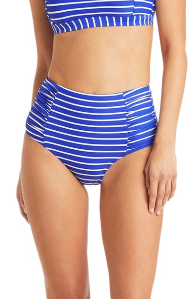 Sea Level Stripe High Waist Gathered Side Bikini Bottoms In Cobalt