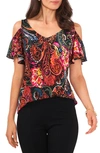 Chaus Print Cold Shoulder Top In Black/ Pink/ Red