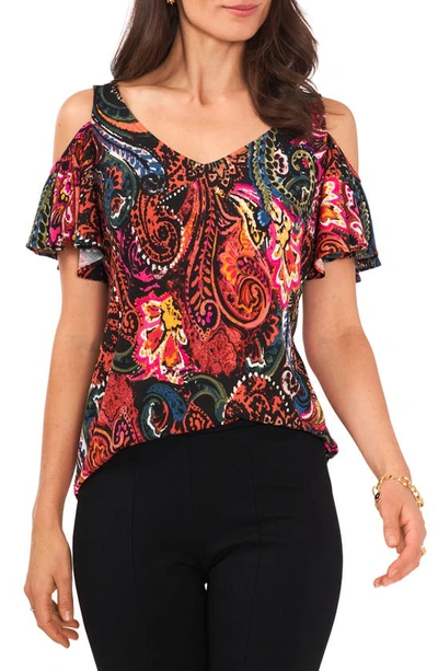 Chaus Print Cold Shoulder Top In Black/ Pink/ Red